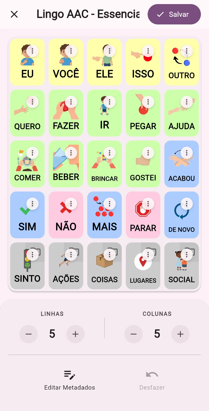 Editor de prancha com controles de linhas e colunas