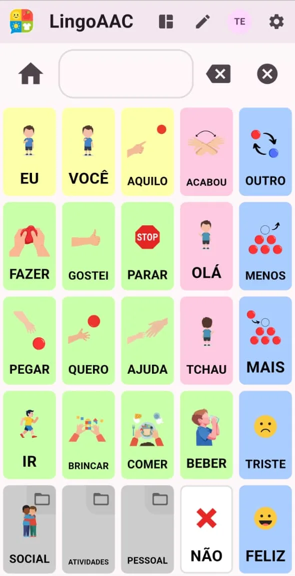 Prancha principal no celular, com pastas para social, atividades e pessoal