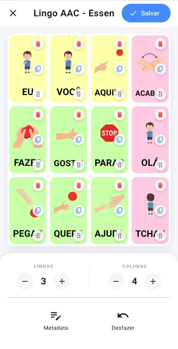 Editor de prancha com controles de linhas e colunas