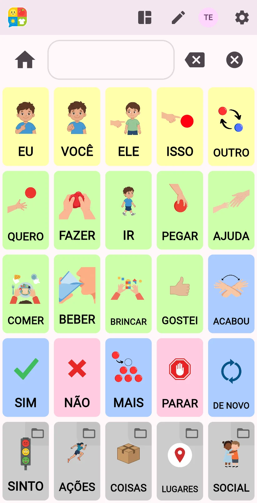 Prancha principal no celular, com pastas para social, atividades e pessoal