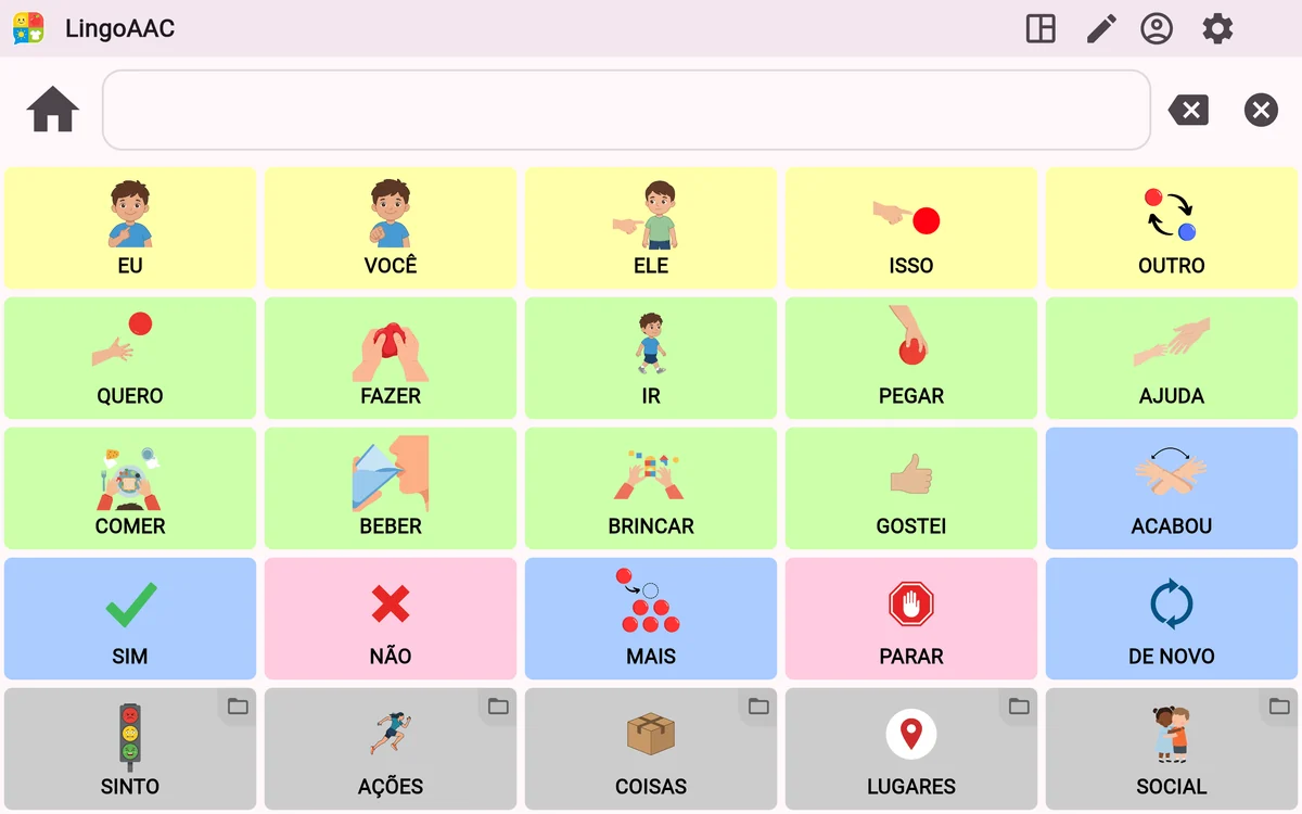 Prancha do LingoAAC num tablet, com símbolos como eu, você, quero, comer, beber e ajuda