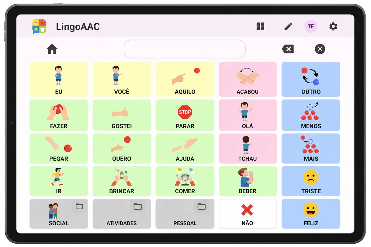 Prancha do LingoAAC num tablet, com símbolos como eu, você, quero, ajuda, comer e beber